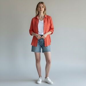 Tahari 100% Linen Coral Button Up Women’s M Shirt w/Rolled Sleeve